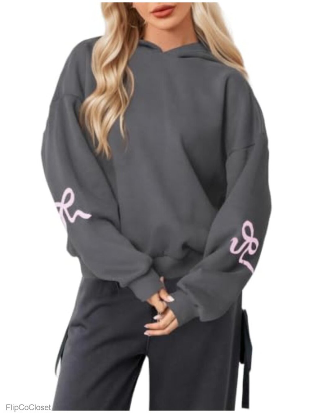 Oversized Bow Trim Print Hoodie Long Sleeve Fleece Casual Pullover